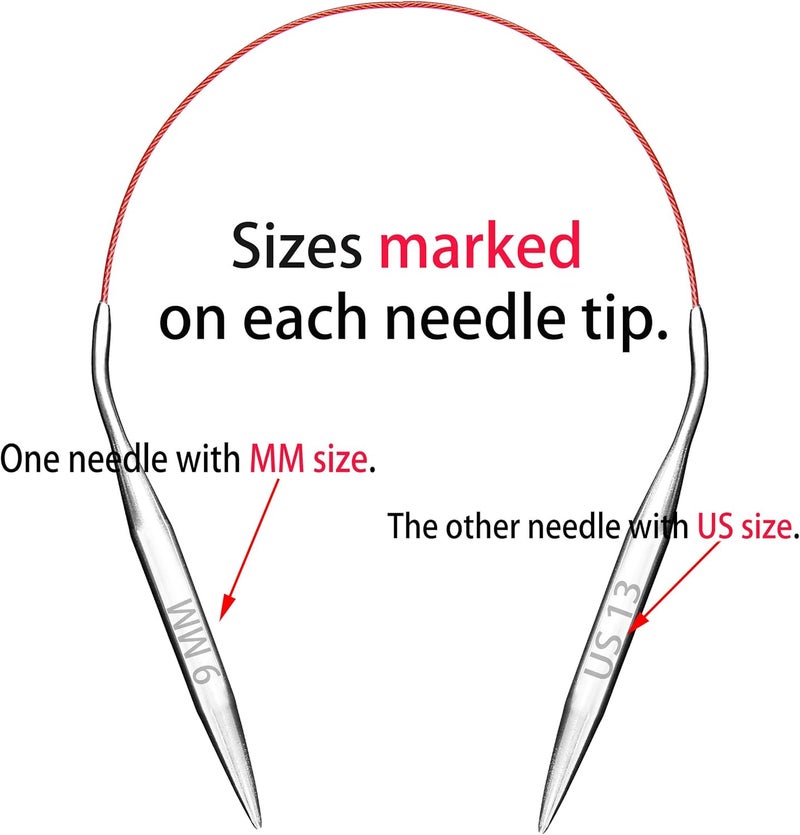 cuteDIY Circular Knitting Needles 16 Inch Set Round Metal Kit Size 13 10 8 6 2.5 0 (Etched US&mm, Color-Coded Cable, Smooth Join) - Image 5